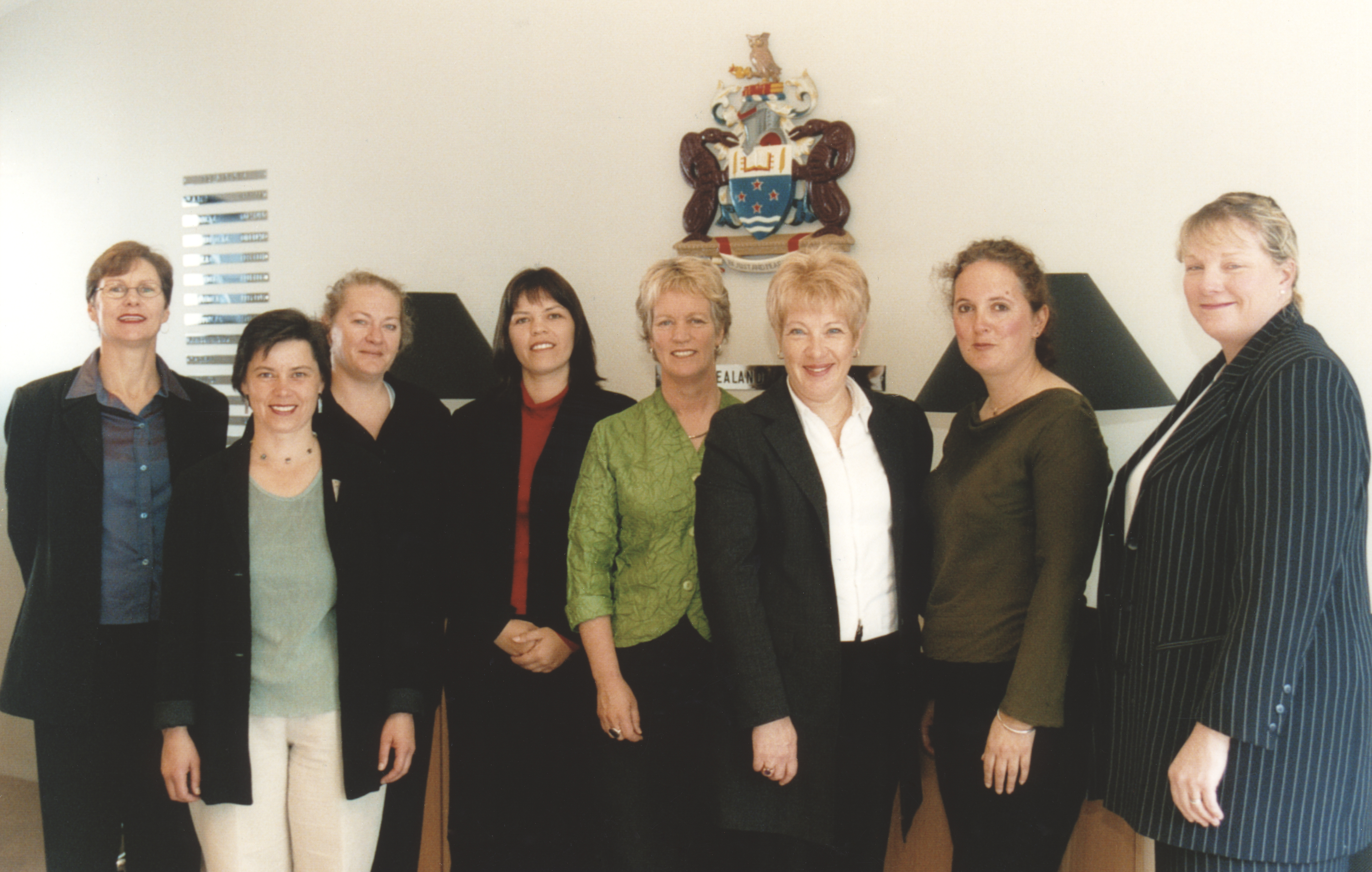From left to right are Wendy Macphail, Joy Liddicoat, Vicki Thorpe, Nicole Walker, Julia O'Connor (on behalf of Jane Hunter), Kathryn Buchanan, Colleen Newton and Fiona Butland (who was also secretary). Missing from the photo are Emma Aitken and Mary O'Dw