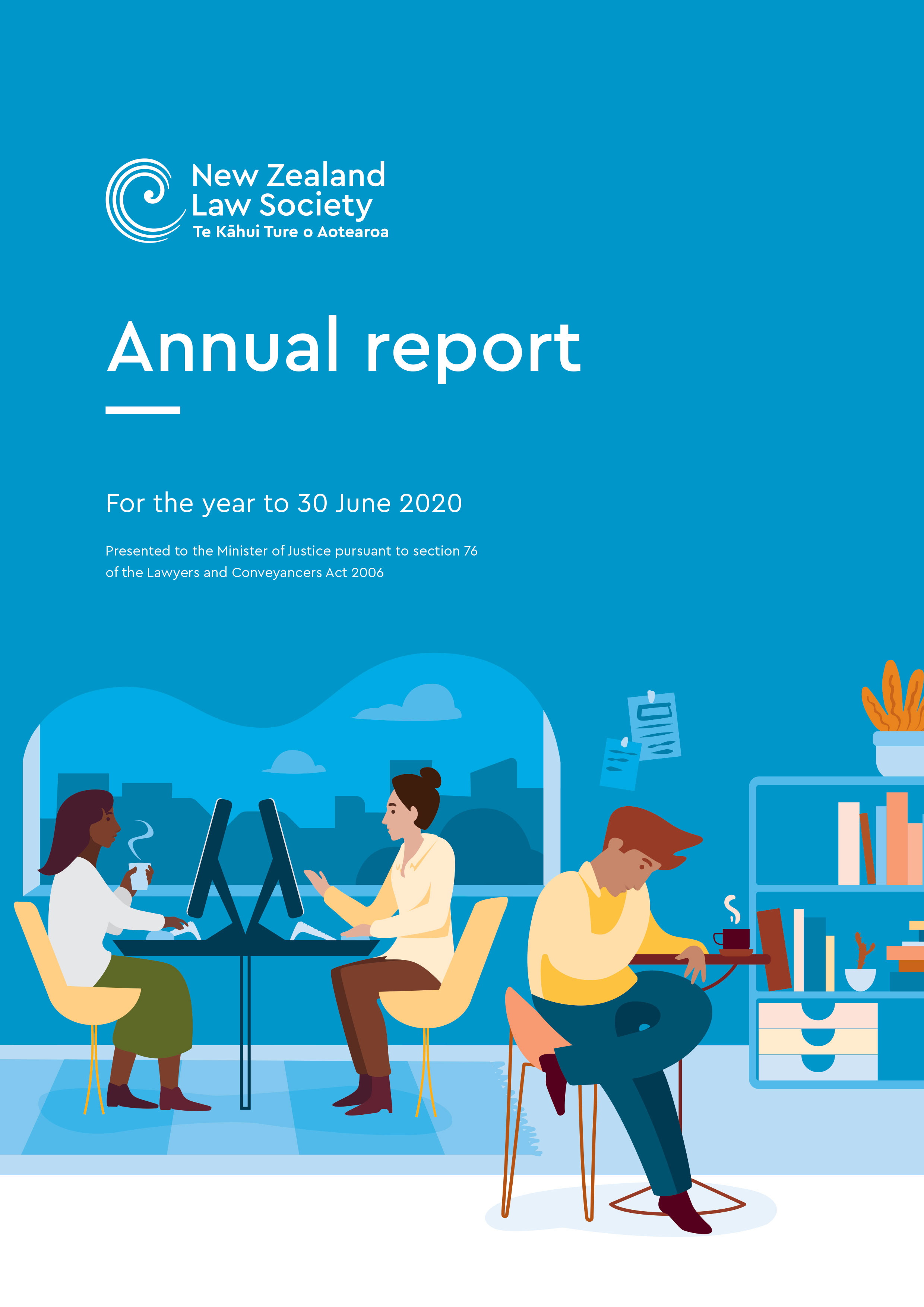 Front page of Annual Report, blue background with illustrated people working in an office.