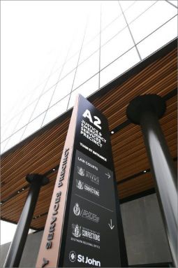 Exterior signage at the Christchurch Justice and Emergency Services Precinct