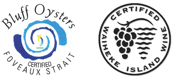 Picture of a Bluff oyster and Waiheke wines certification mark