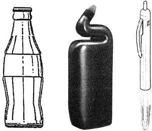 Sketches of a Coca Cola bottle, a bottle of toilet cleaner and a Bic pen