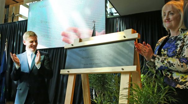 Bill English and Amy Adams cut the ribbon on Christchurch's new Justice Precinct